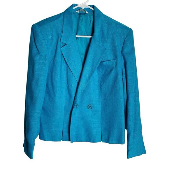 Vintage Gilmor Blazer Jacket Womens 10 Turquoise Rayon Flax Double Breasted - Picture 1 of 10